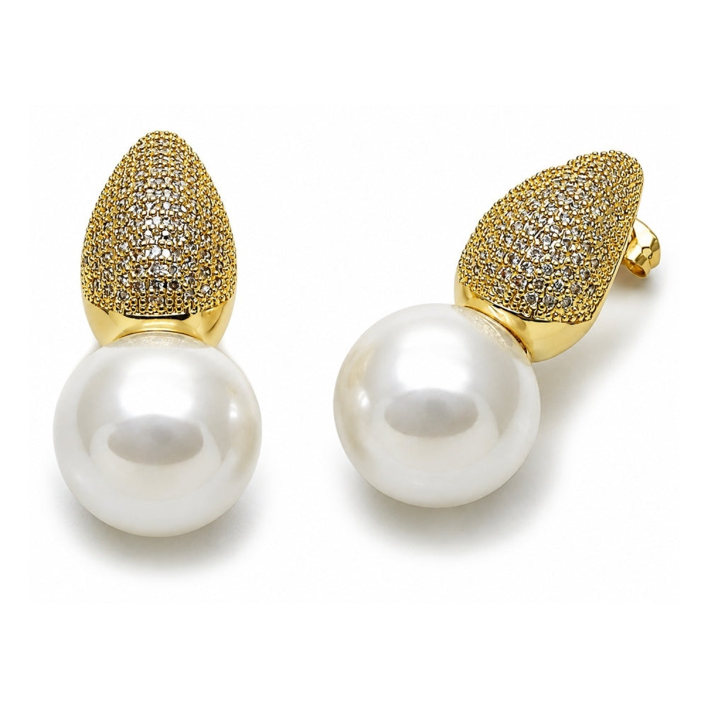Oro Laminado Stud Earring, Gold Filled Style Teardrop and Ball Design, with Ivory Mother of Pearl and White Cubic Zirconia, Polished, Golden Finish