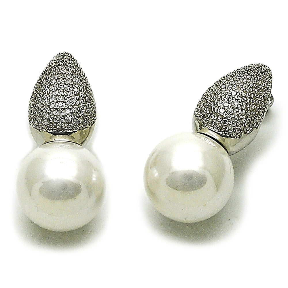 Rhodium Gold Filled Stud Earring, Ball and Teardrop Design, with Ivory Mother of Pearl and White Cubic Zirconia, Polished, Rhodium Finish