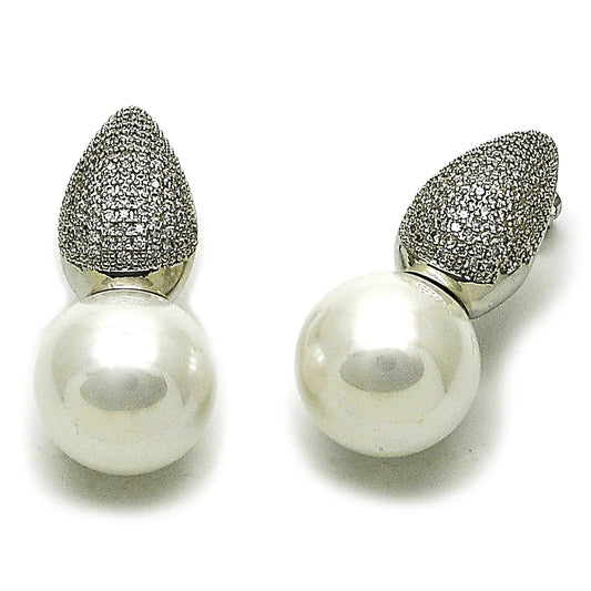 Rhodium Gold Filled Stud Earring, Ball and Teardrop Design, with Ivory Mother of Pearl and White Cubic Zirconia, Polished, Rhodium Finish