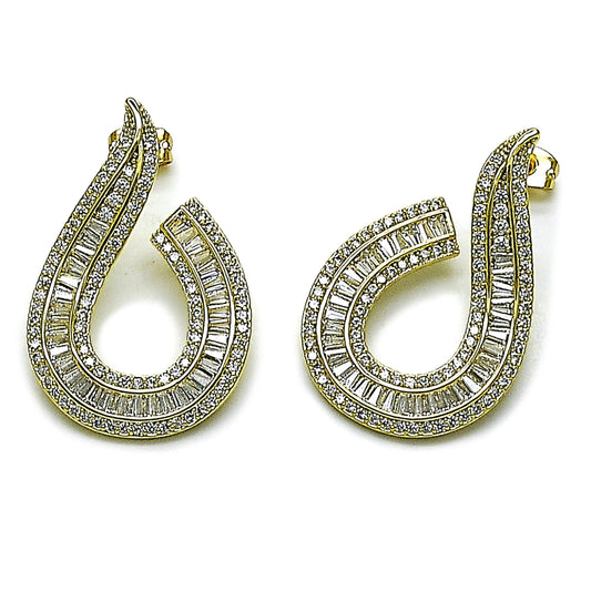 Oro Laminado Stud Earring, Gold Filled Style Baguette Design, with White Cubic Zirconia and White Micro Pave, Polished, Golden Finish
