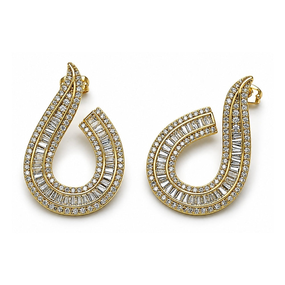 Oro Laminado Stud Earring, Gold Filled Style Baguette Design, with White Cubic Zirconia and White Micro Pave, Polished, Golden Finish