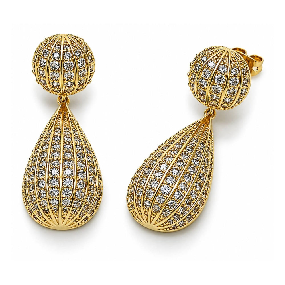 Oro Laminado Dangle Earring, Gold Filled Style Teardrop and Ball Design, with White Cubic Zirconia, Polished, Golden Finish