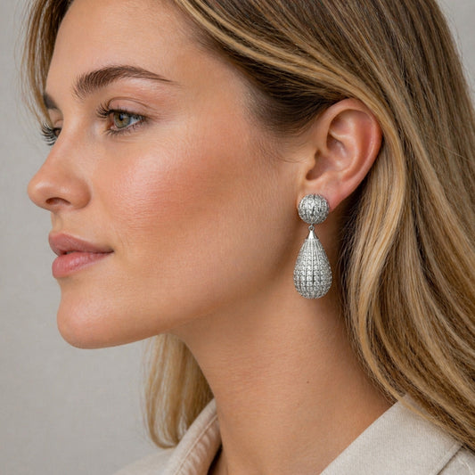 Rhodium Gold Filled Dangle Earring, Teardrop and Ball Design, with White Cubic Zirconia, Polished, Rhodium Finish