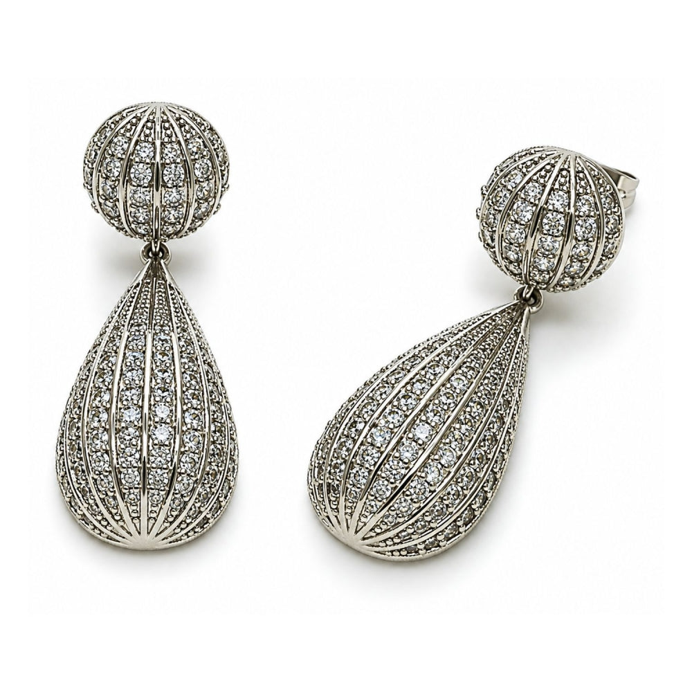 White Gold Filled Dangle Earring, Teardrop and Ball Design, with White Cubic Zirconia, Polished, Rhodium Finish