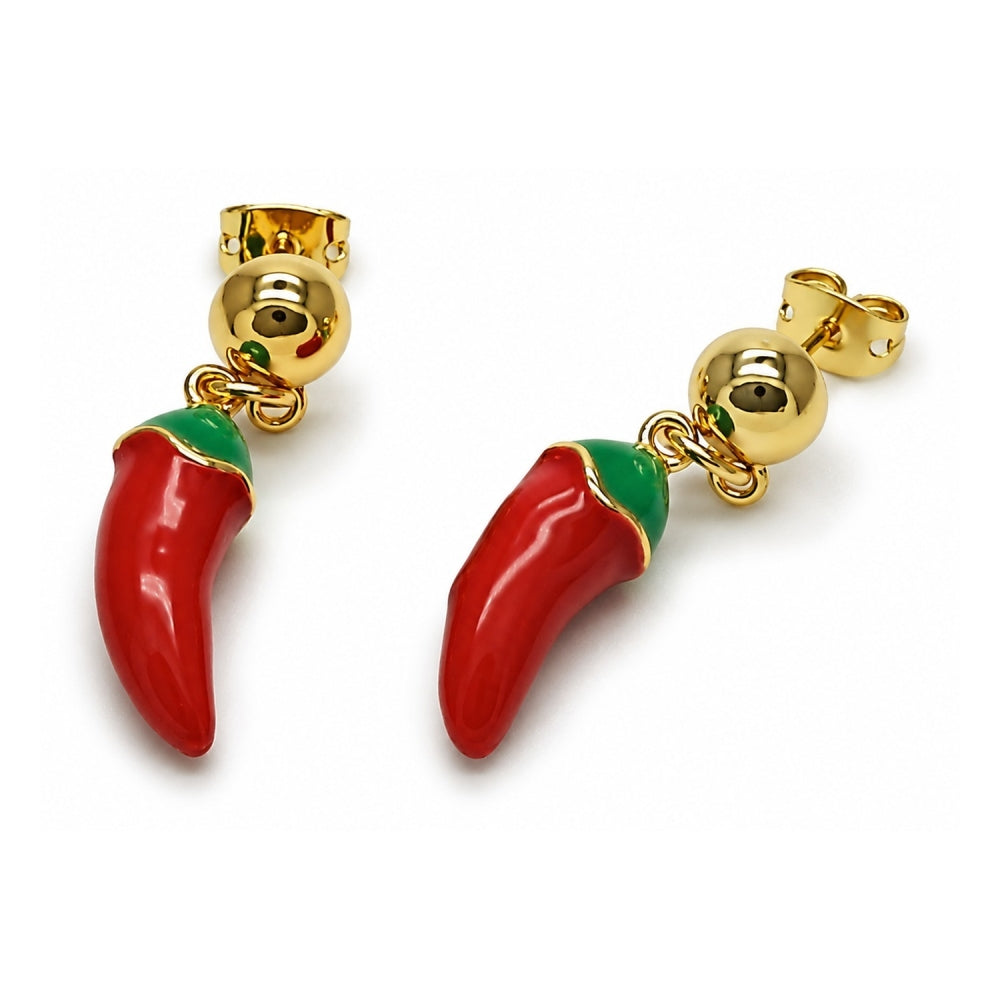 Oro Laminado Dangle Earring, Gold Filled Style Chili Design, Red Enamel Finish, Golden Finish