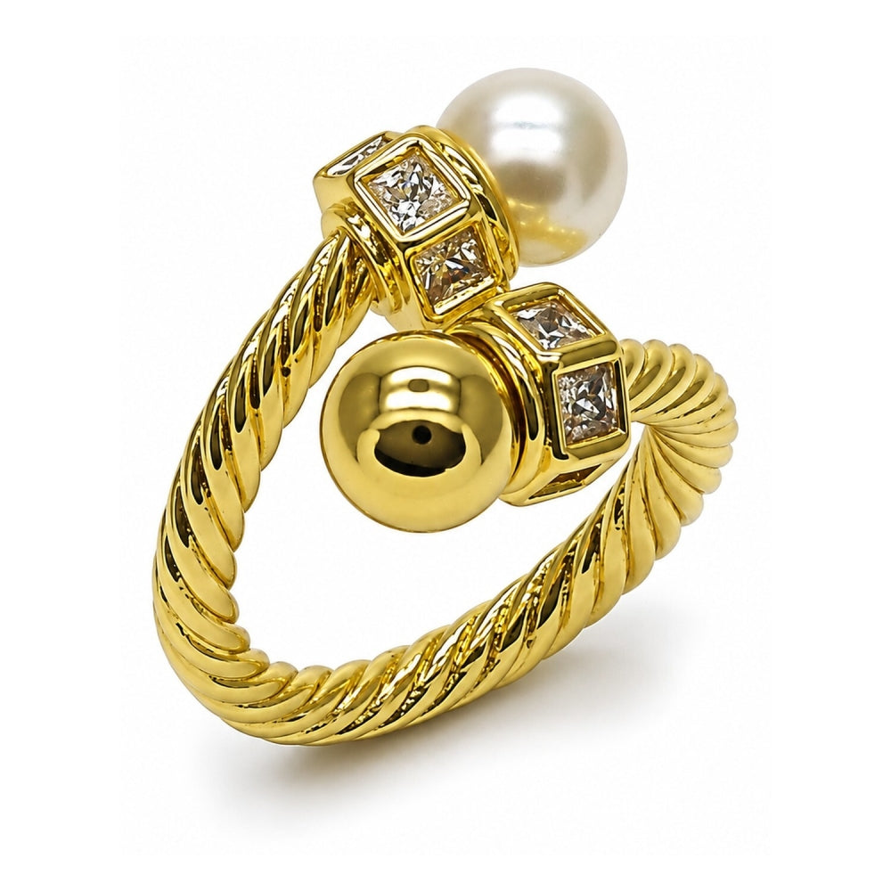 Oro Laminado Multi Stone Ring, Gold Filled Style Twist and Ball Design, with White Cubic Zirconia and Ivory Pearl, Polished, Golden Finish