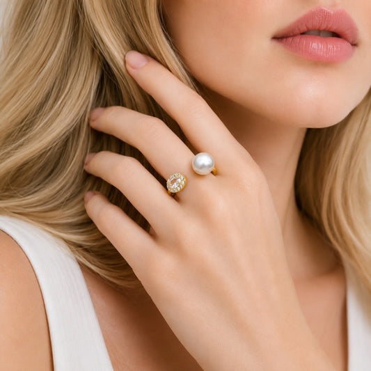 Oro Laminado Multi Stone Ring, Gold Filled Style Ball and Cluster Design, with Ivory Pearl and White Cubic Zirconia, Polished, Golden Finish