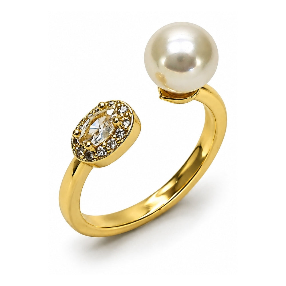 Oro Laminado Multi Stone Ring, Gold Filled Style Ball and Cluster Design, with Ivory Pearl and White Cubic Zirconia, Polished, Golden Finish