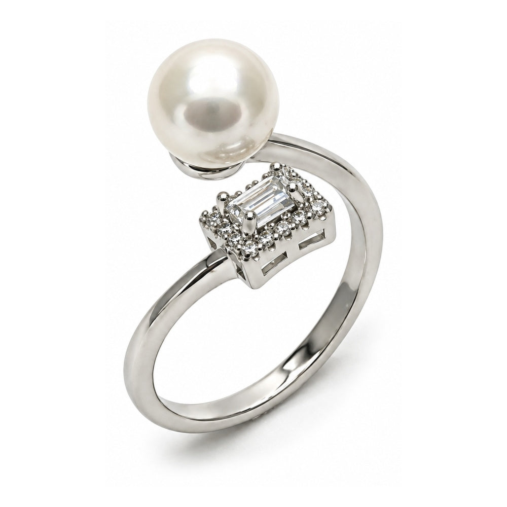 White Gold Filled Multi Stone Ring, Ball and Cluster Design, with Ivory Pearl and White Cubic Zirconia, Polished, Rhodium Finish