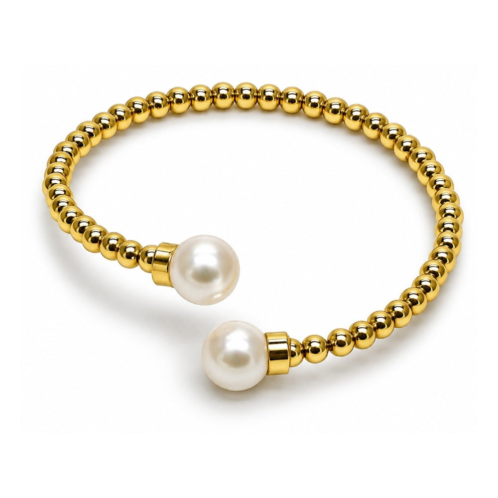 Oro Laminado Individual Bangle, Gold Filled Style Ball Design, with Ivory Pearl, Polished, Golden Finish