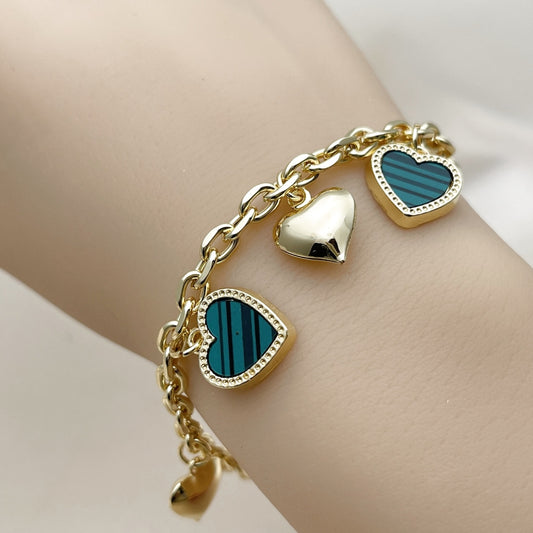 Oro Laminado Fancy Bracelet, Gold Filled Style Heart and Rolo Design, with Light Turquoise Mother of Pearl, Polished, Golden Finish