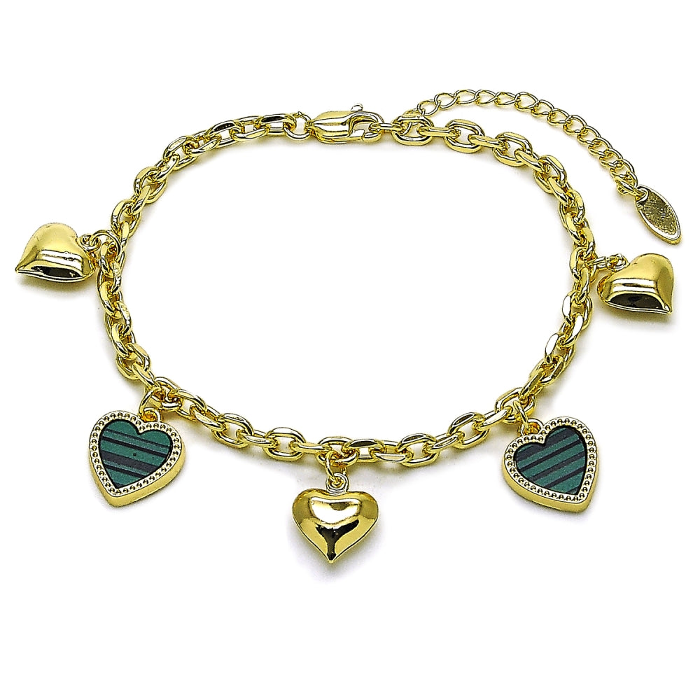 Oro Laminado Fancy Bracelet, Gold Filled Style Heart and Rolo Design, with Light Turquoise Mother of Pearl, Polished, Golden Finish