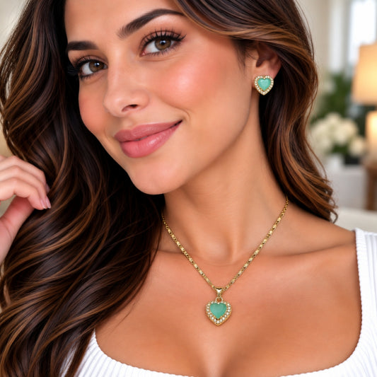 Oro Laminado Earring and Pendant Adult Set, Gold Filled Style Heart and Cluster Design, with Light Turquoise and White Cubic Zirconia, Polished, Golden Finish