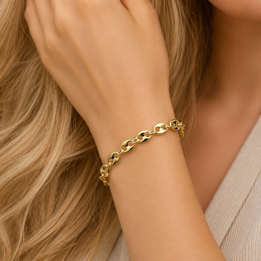 Oro Laminado Fancy Bracelet, Gold Filled Style Puff Mariner Design, Polished, Golden Finish