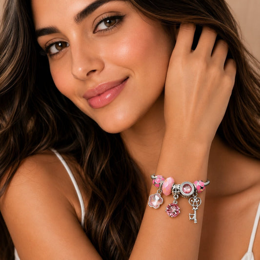 Stainless Steel Individual Bangle, key and Flower Design, with White Cubic Zirconia and Light Rose Crystal, Pink Enamel Finish, Rhodium Finish