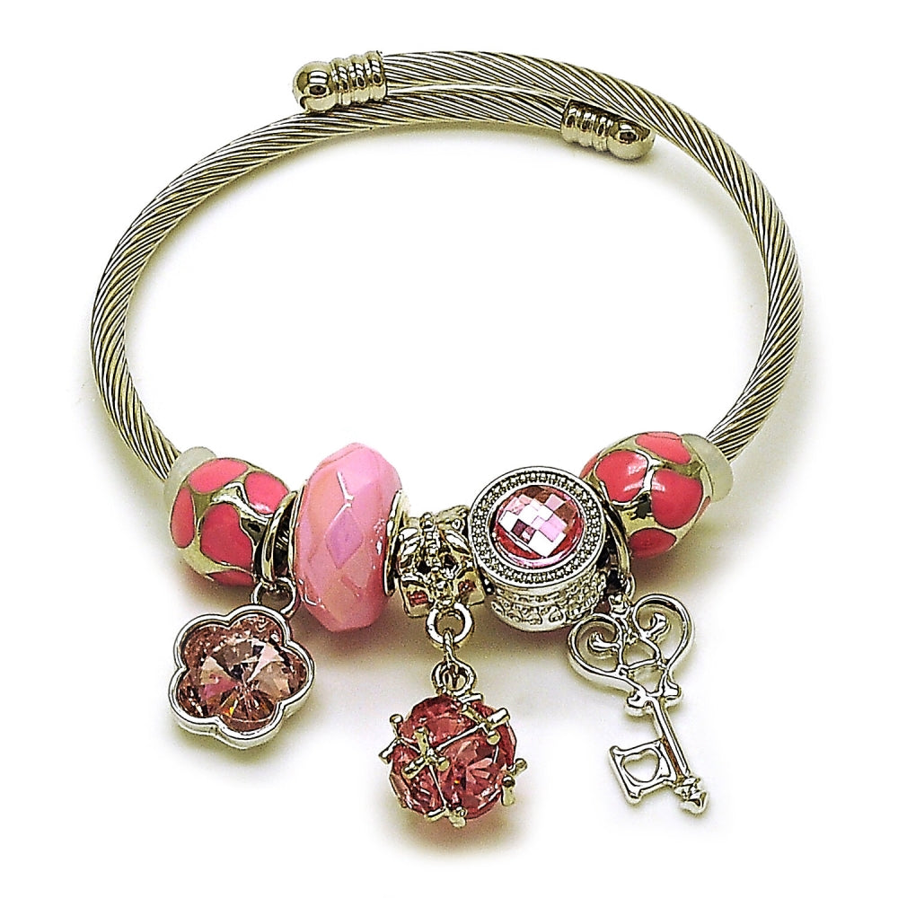 Stainless Steel Individual Bangle, key and Flower Design, with White Cubic Zirconia and Light Rose Crystal, Pink Enamel Finish, Rhodium Finish