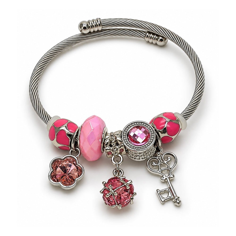Stainless Steel Individual Bangle, key and Flower Design, with White Cubic Zirconia and Light Rose Crystal, Pink Enamel Finish, Rhodium Finish