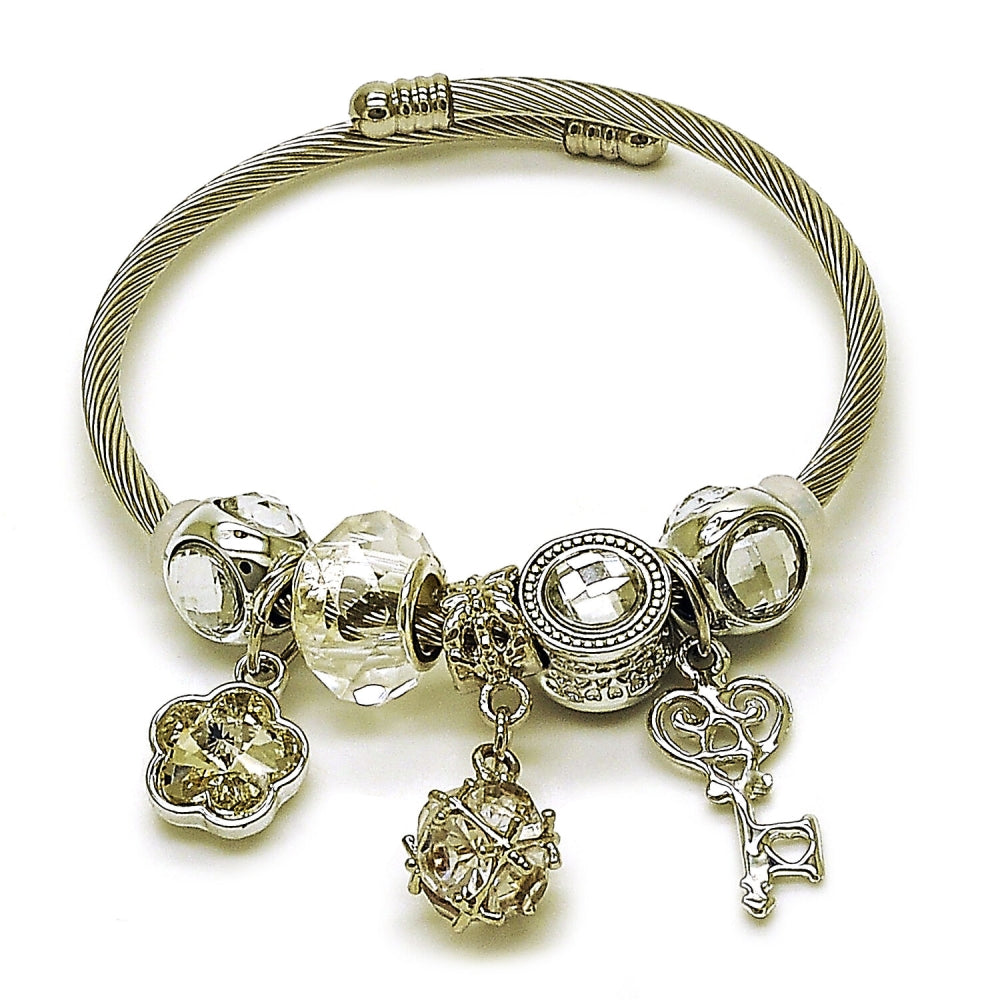Stainless Steel Individual Bangle, key and Flower Design, with White Cubic Zirconia and Crystal Crystal, Pink Polished, Rhodium Finish