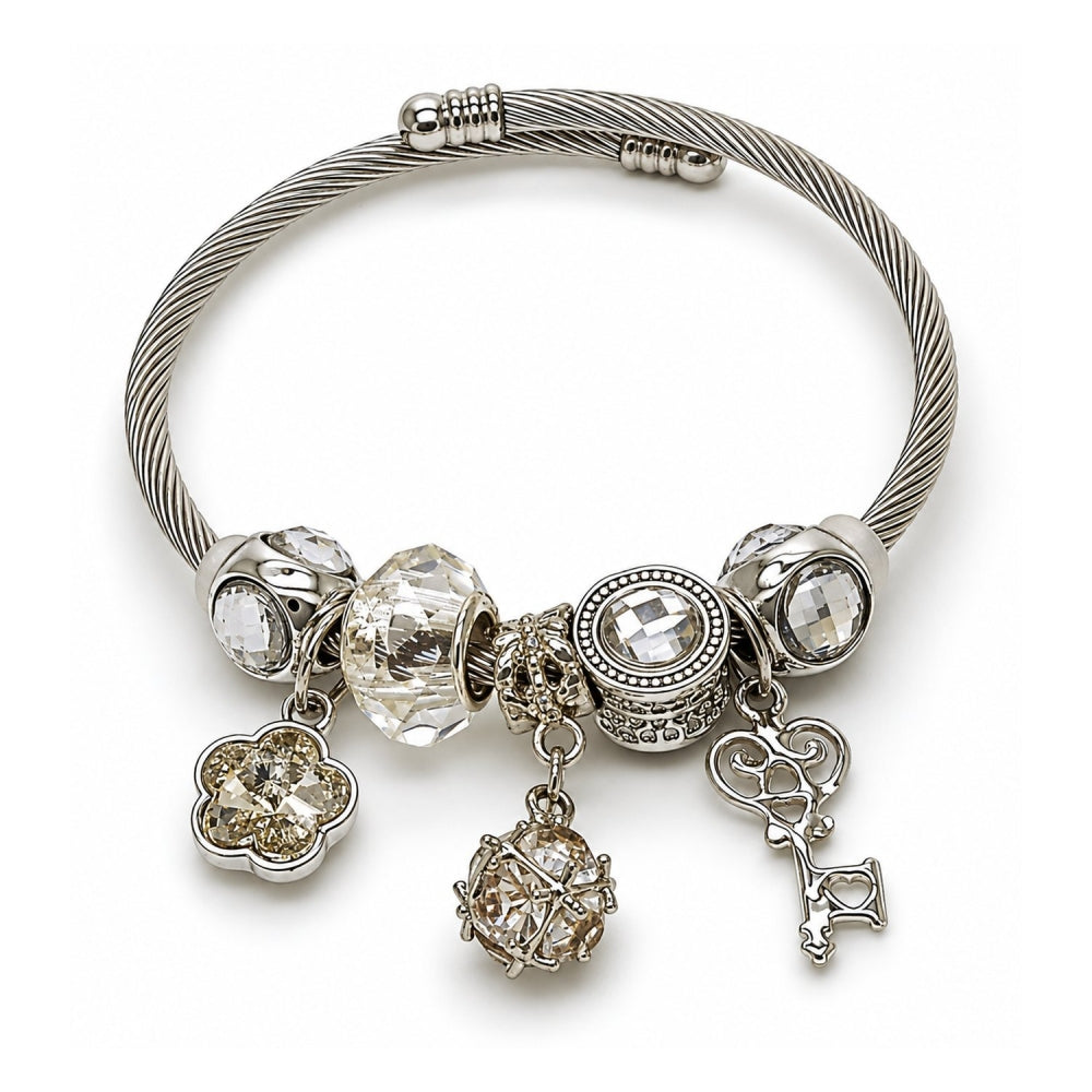 Stainless Steel Individual Bangle, key and Flower Design, with White Cubic Zirconia and Crystal Crystal, Pink Polished, Rhodium Finish