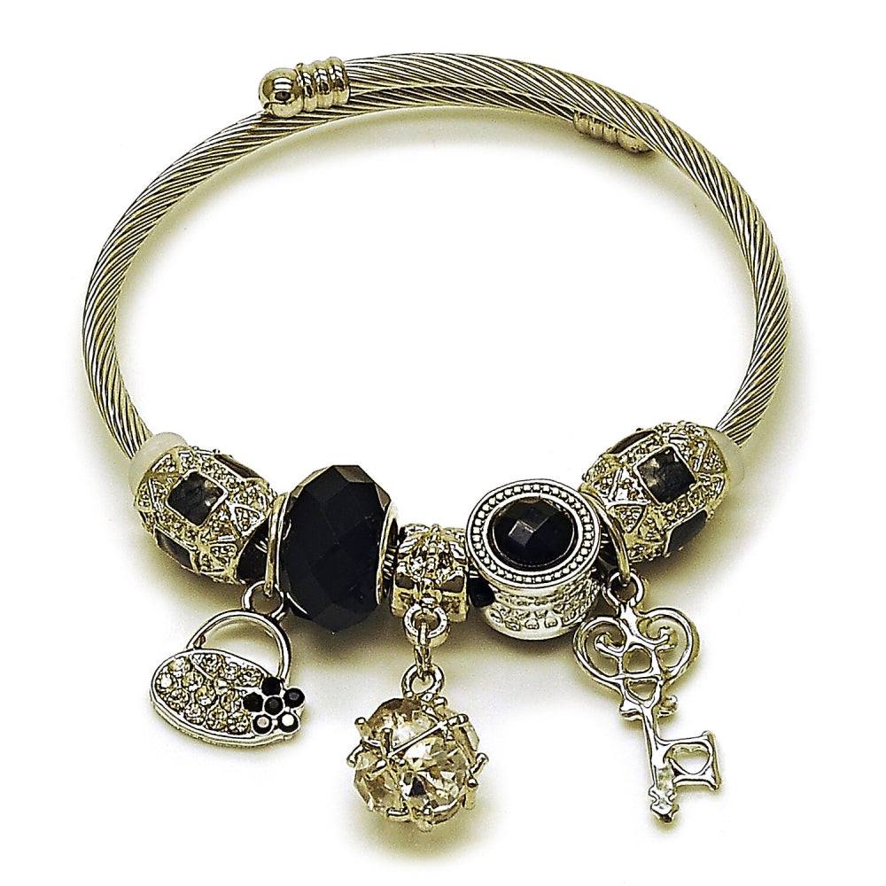Stainless Steel Individual Bangle, key and Suitecase Design, with White Cubic Zirconia and Jet Crystal, Black Enamel Finish, Rhodium Finish
