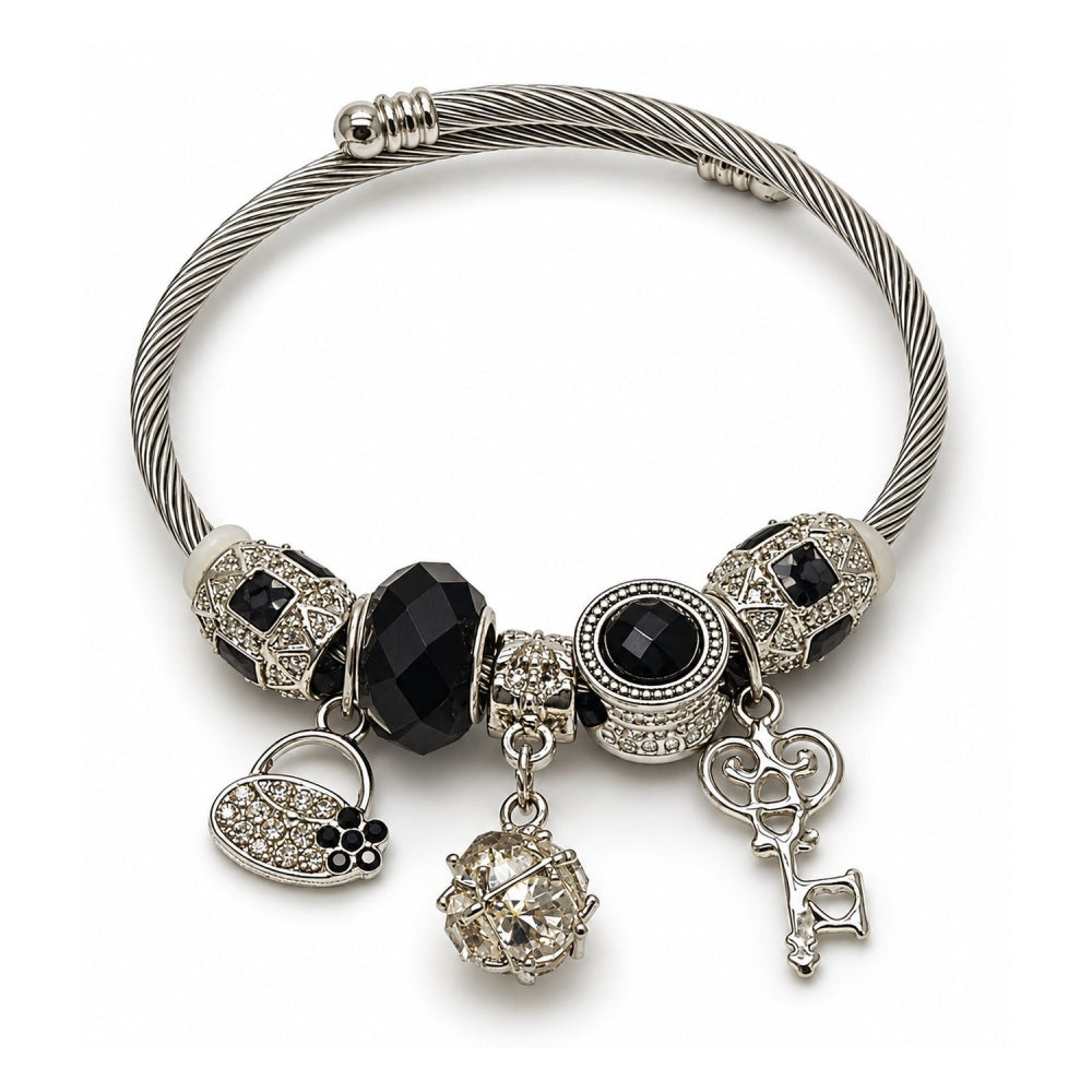 Stainless Steel Individual Bangle, key and Suitecase Design, with White Cubic Zirconia and Jet Crystal, Black Enamel Finish, Rhodium Finish
