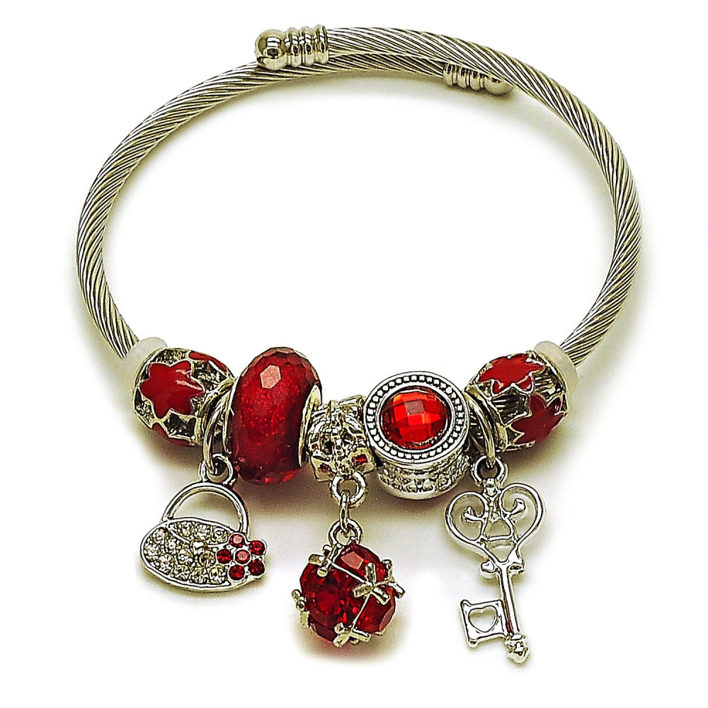 Stainless Steel Individual Bangle, key and Suitecase Design, with Garnet Cubic Zirconia and Light Siam Crystal, Red Enamel Finish, Rhodium Finish