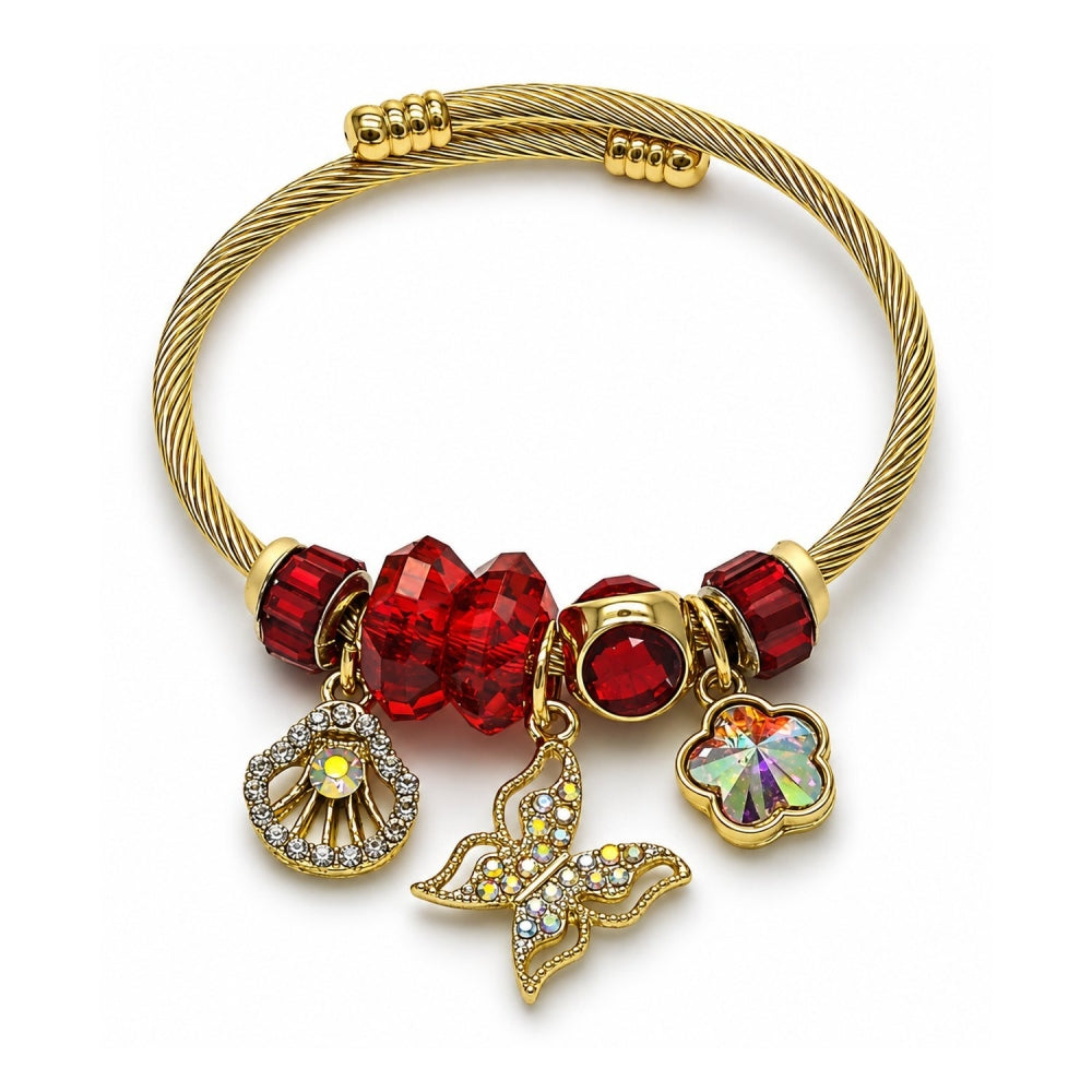 Stainless Steel Individual Bangle, Butterfly and Shell Design, with Siam and Aurore Boreale Crystal, Polished, Golden Finish