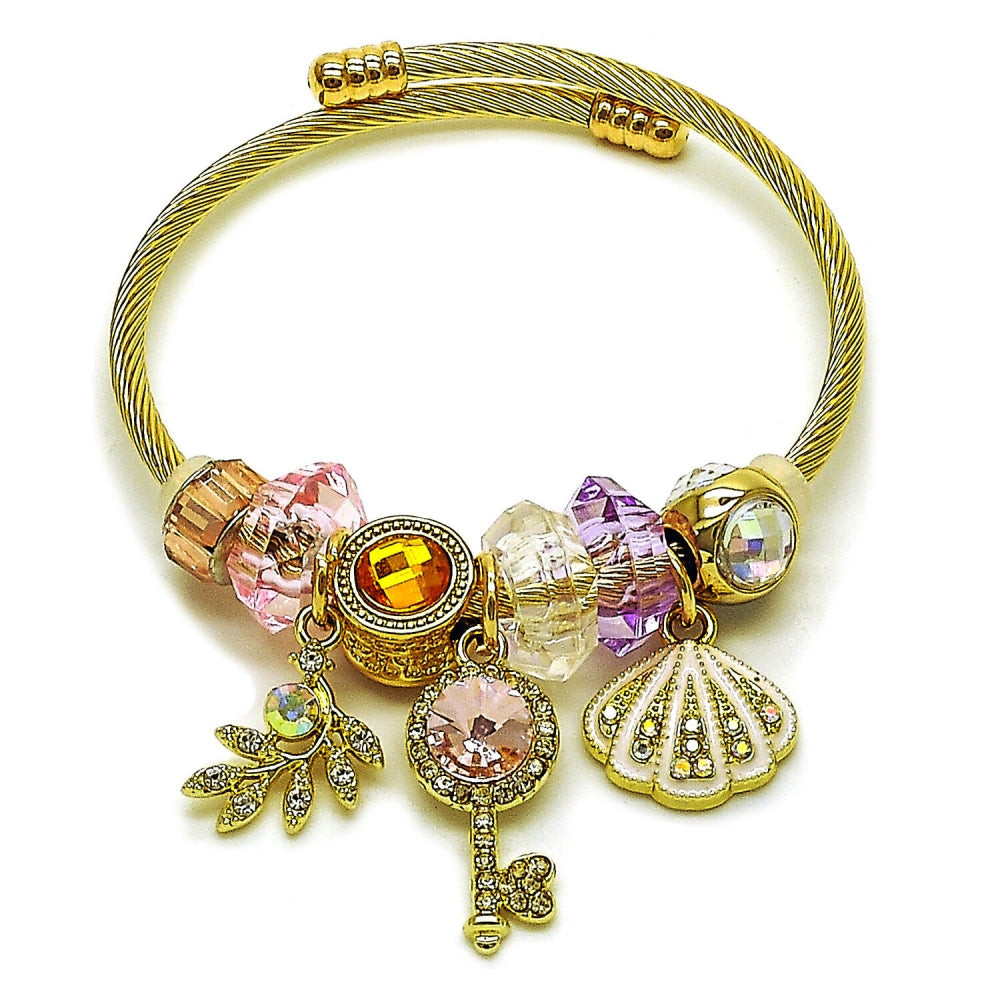 Stainless Steel Individual Bangle, Shell and key Design, with Light Rose and Crystal Crystal, White Enamel Finish, Golden Finish