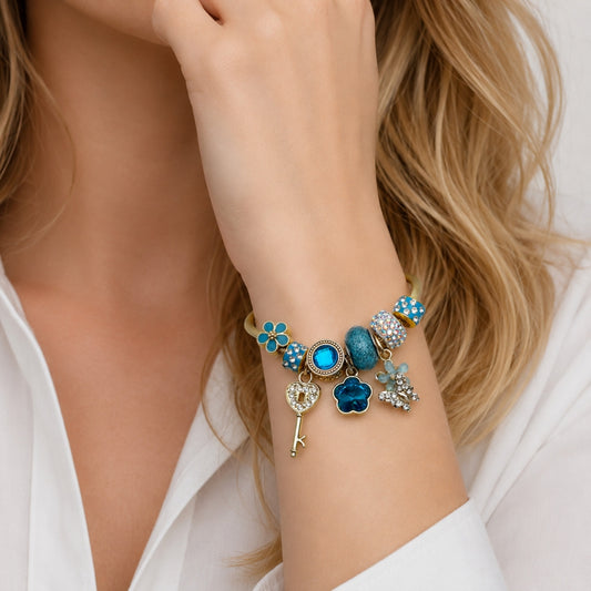Stainless Steel Individual Bangle, Flower and key Design, with Light Turquoise and Crystal Crystal, Turquoise Enamel Finish, Golden Finish
