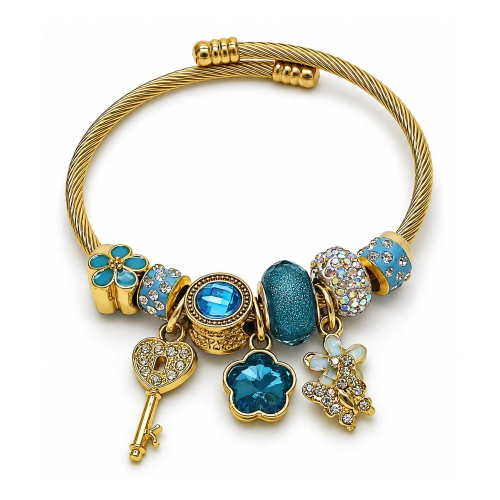 Stainless Steel Individual Bangle, Flower and key Design, with Light Turquoise and Crystal Crystal, Turquoise Enamel Finish, Golden Finish