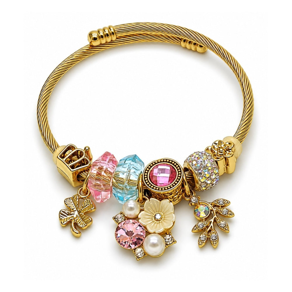 Stainless Steel Individual Bangle, Flower and Four-leaf Clover Design, with Light Rose and Aurore Boreale Crystal, Polished, Golden Finish