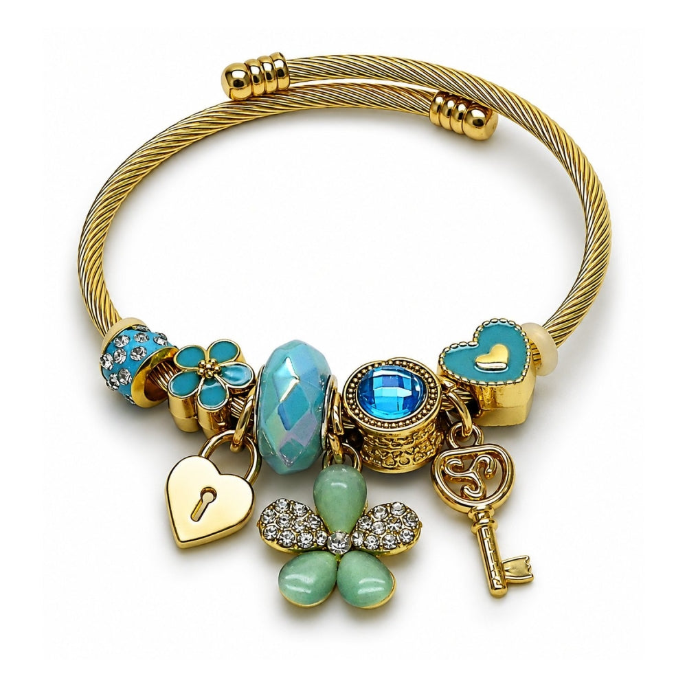 Stainless Steel Individual Bangle, Flower and Heart Design, with Light Turquoise and Indicolite Crystal, Turquoise Enamel Finish, Golden Finish