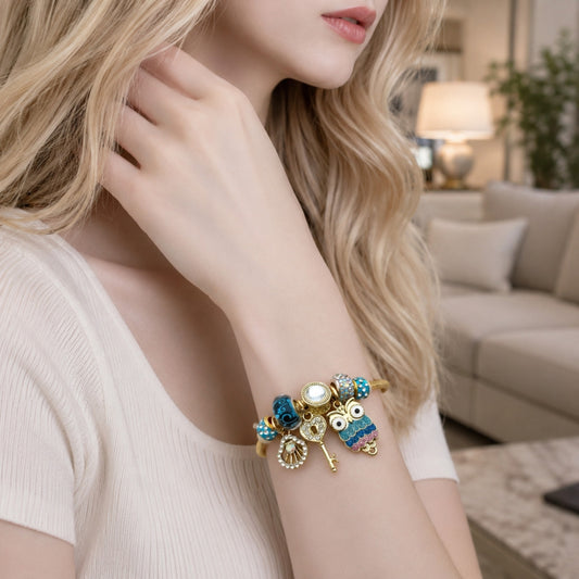Stainless Steel Individual Bangle, Owl and Shell Design, with Crystal and Aurore Boreale Crystal, Multicolor Enamel Finish, Golden Finish