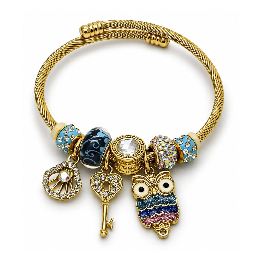 Stainless Steel Individual Bangle, Owl and Shell Design, with Crystal and Aurore Boreale Crystal, Multicolor Enamel Finish, Golden Finish