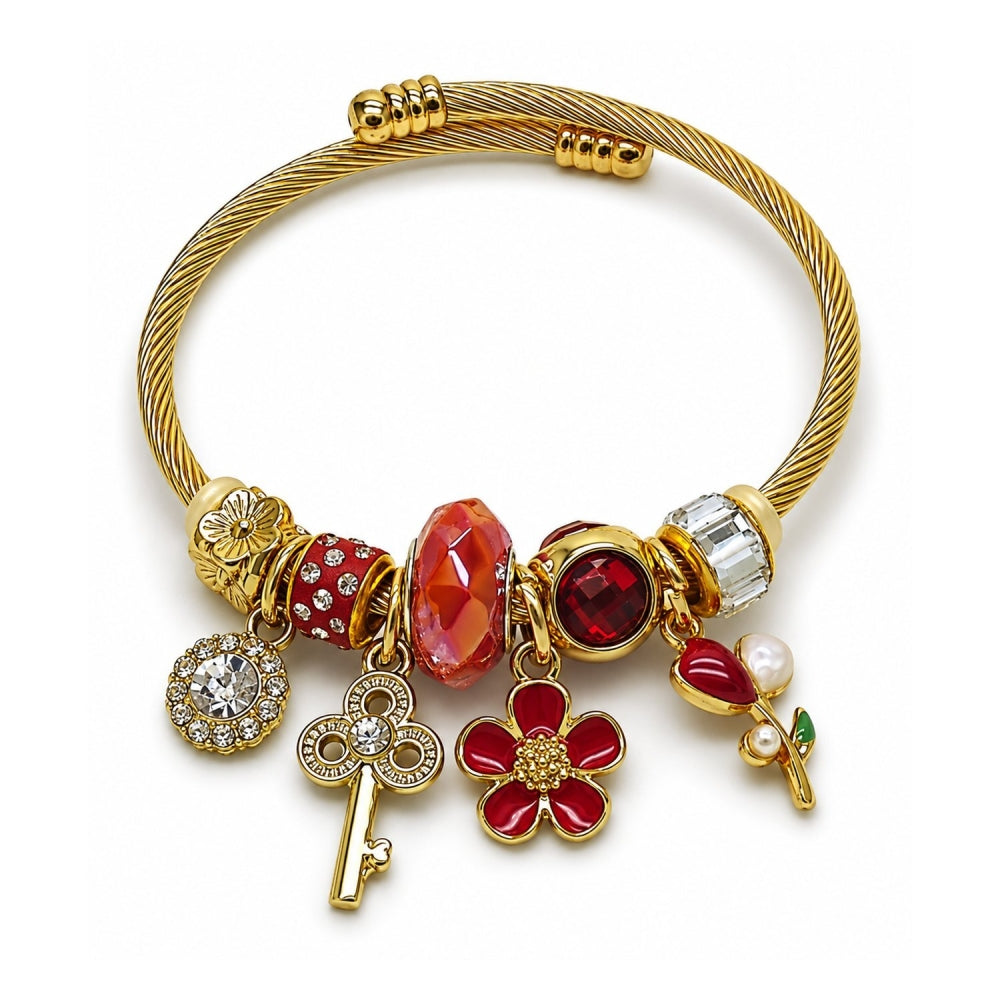 Stainless Steel Individual Bangle, Flower and key Design, with Light Siam and Crystal Crystal, Red Enamel Finish, Golden Finish