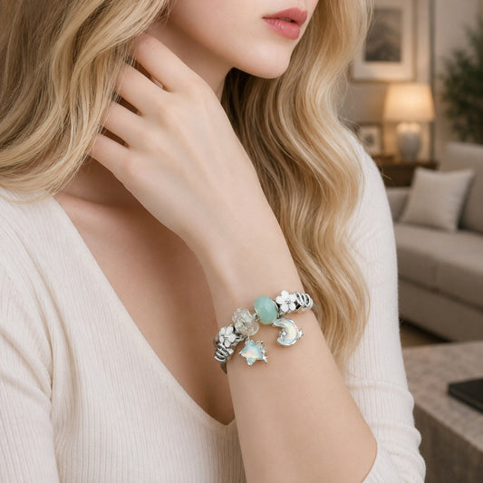 Stainless Steel Individual Bangle, Moon and Star Design, with Crystal and Turquoise Crystal, White Enamel Finish, Rhodium Finish