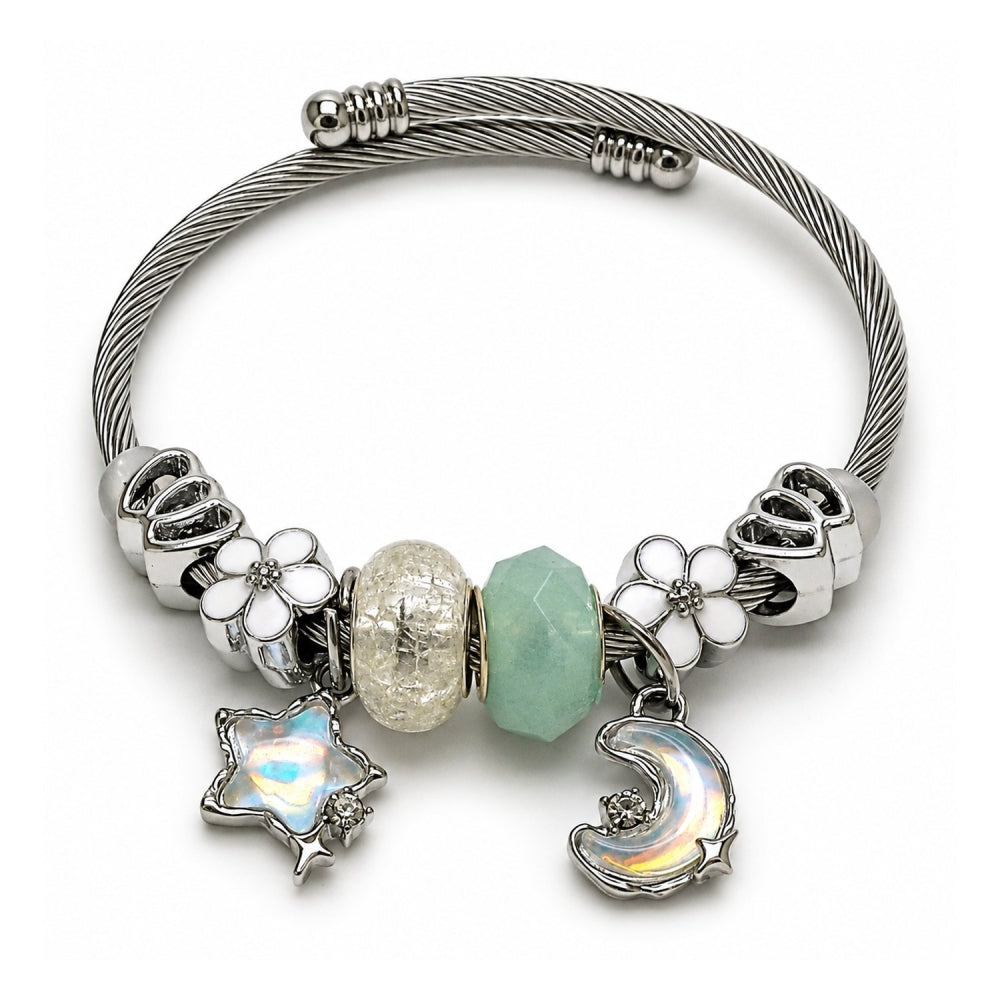 Stainless Steel Individual Bangle, Moon and Star Design, with Crystal and Turquoise Crystal, White Enamel Finish, Rhodium Finish