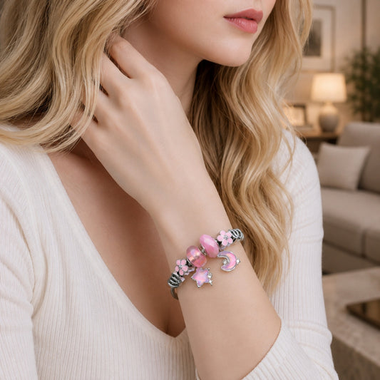 Stainless Steel Individual Bangle, Moon and Star Design, with Light Rose Crystal, Pink Enamel Finish, Rhodium Finish