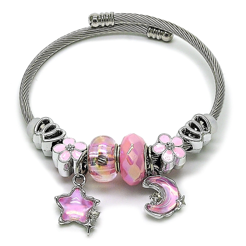 Stainless Steel Individual Bangle, Moon and Star Design, with Light Rose Crystal, Pink Enamel Finish, Rhodium Finish