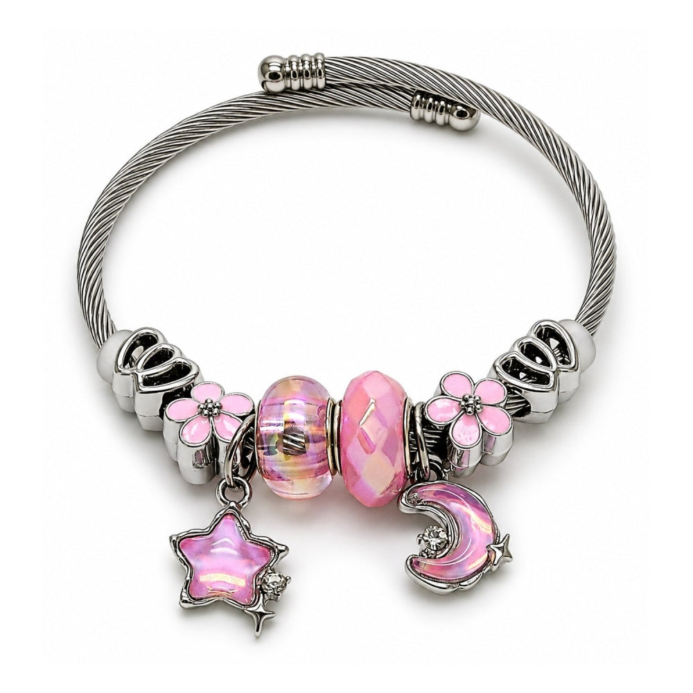 Stainless Steel Individual Bangle, Moon and Star Design, with Light Rose Crystal, Pink Enamel Finish, Rhodium Finish