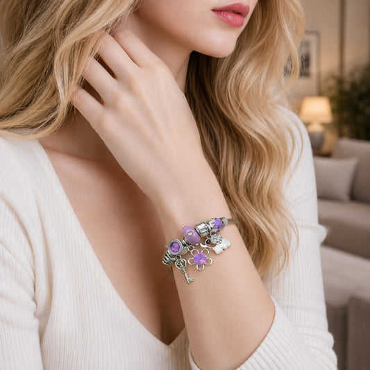 Stainless Steel Individual Bangle, Flower and Elephant Design, with Violet and Crystal Crystal, Purple Enamel Finish, Rhodium Finish