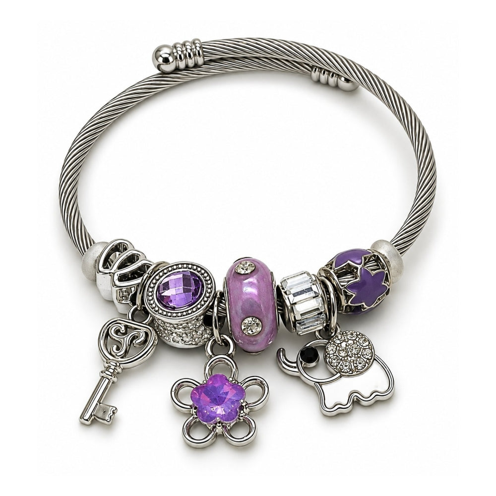 Stainless Steel Individual Bangle, Flower and Elephant Design, with Violet and Crystal Crystal, Purple Enamel Finish, Rhodium Finish