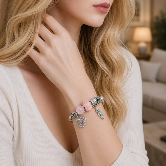 Stainless Steel Individual Bangle, Heart and Leaf Design, with Light Rose and Crystal Crystal, Pink Enamel Finish, Rhodium Finish