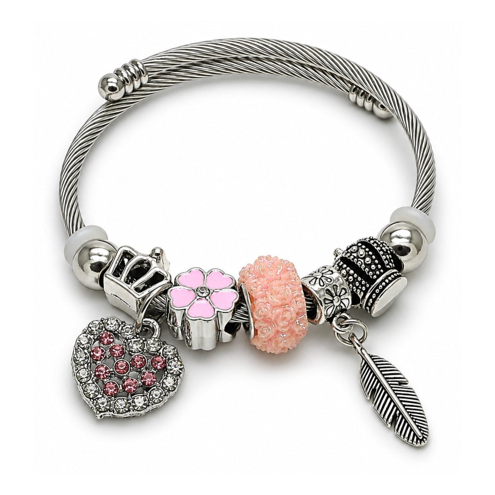 Stainless Steel Individual Bangle, Heart and Leaf Design, with Light Rose and Crystal Crystal, Pink Enamel Finish, Rhodium Finish