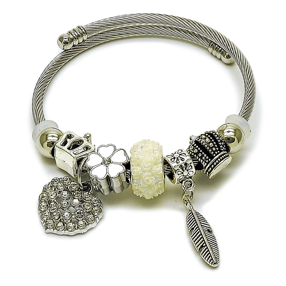 Stainless Steel Individual Bangle, Heart and Leaf Design, with Crystal Crystal, White Enamel Finish, Rhodium Finish