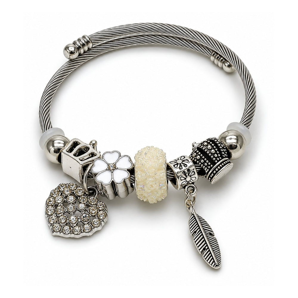 Stainless Steel Individual Bangle, Heart and Leaf Design, with Crystal Crystal, White Enamel Finish, Rhodium Finish