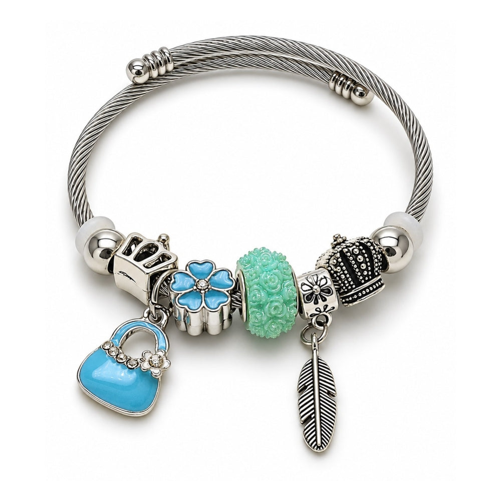 Stainless Steel Individual Bangle, Suitecase and Leaf Design, with Crystal and Turquoise Crystal, Turquoise Enamel Finish, Rhodium Finish