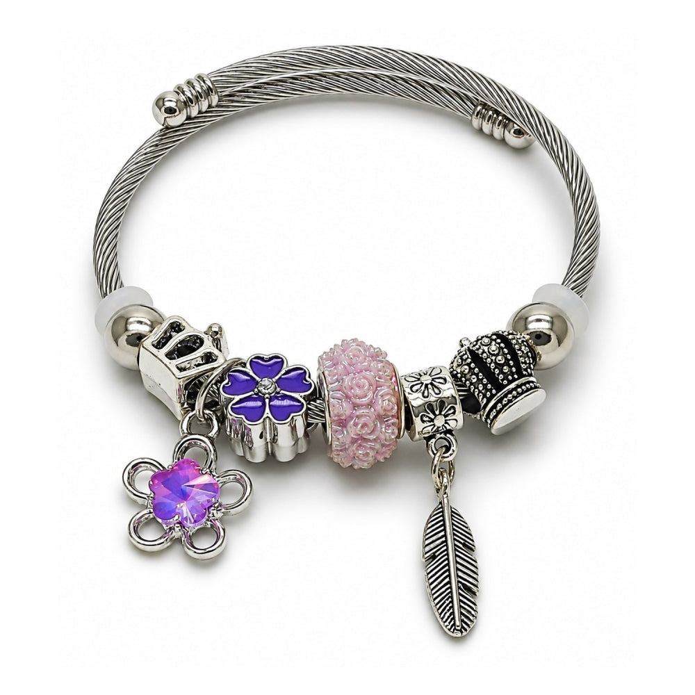 Stainless Steel Individual Bangle, Flower and Leaf Design, with Violet Crystal, Purple Enamel Finish, Rhodium Finish