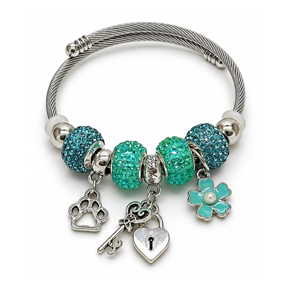 Stainless Steel Individual Bangle, Heart and Lock Design, with Light Turquoise Crystal and Ivory Pearl, Turquoise Enamel Finish, Rhodium Finish