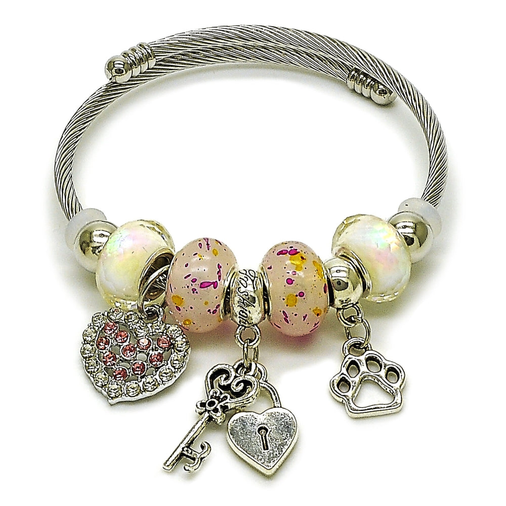 Stainless Steel Individual Bangle, Heart and Lock Design, with Light Rose and Crystal Crystal, Polished, Rhodium Finish